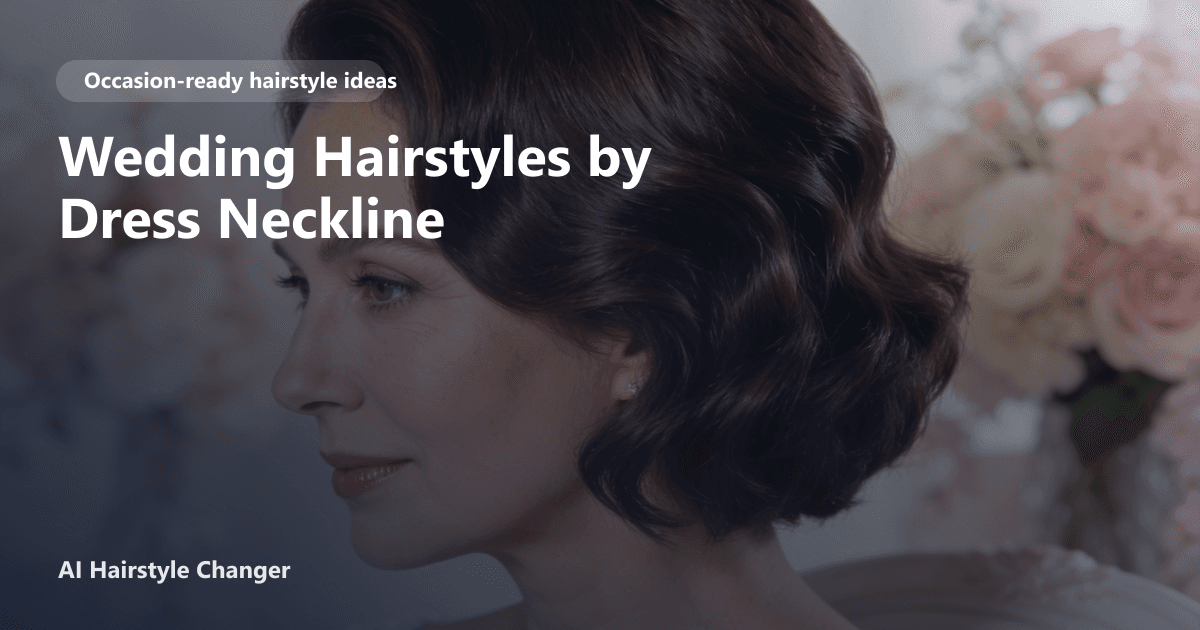 Occasion-ready hairstyle with polished texture and soft face framing, with "Wedding Hairstyles by Dress Neckline" title overlay.