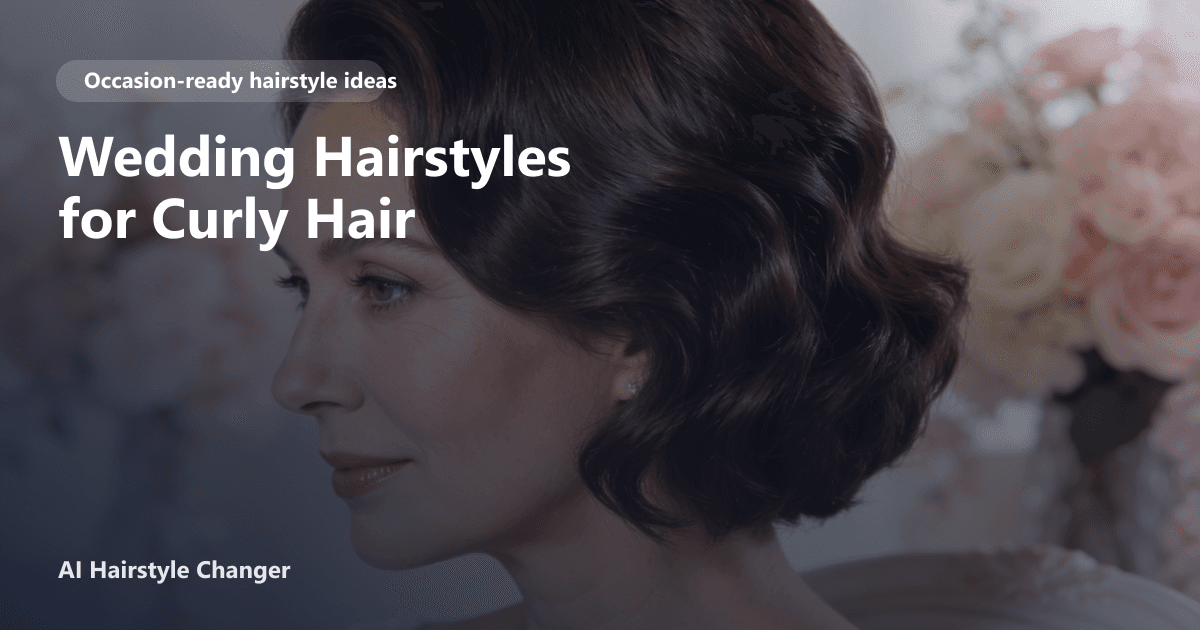 Occasion-ready hairstyle with polished texture and soft face framing, with "Wedding Hairstyles for Curly Hair" title overlay.