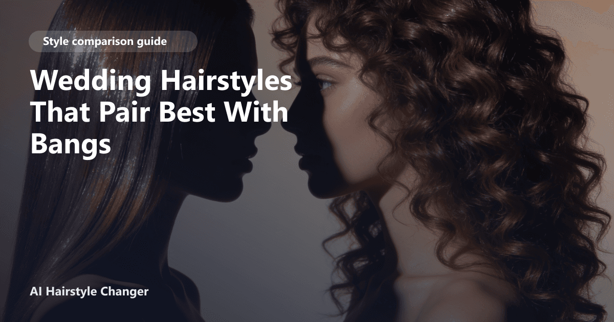 Bride with soft curtain bangs and a romantic updo, surrounded by wedding decor, with the page title overlayed in elegant script.