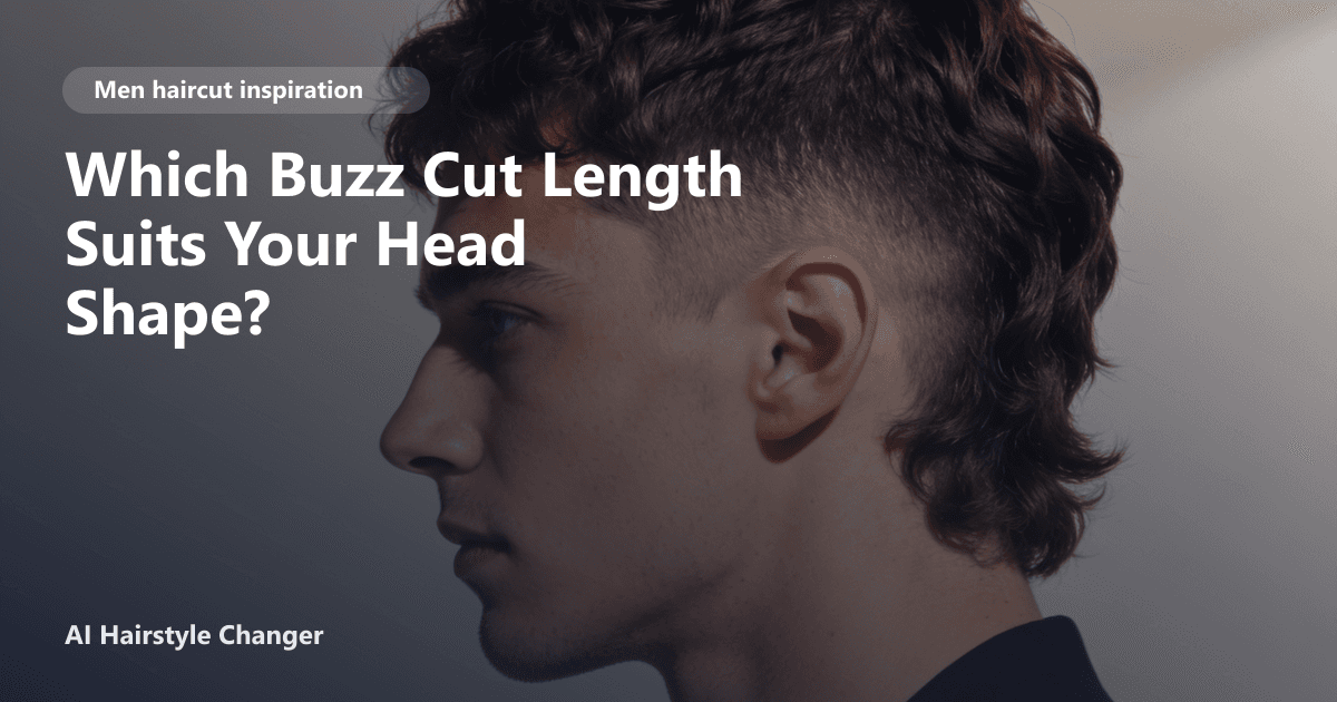 Man with a number 2 buzz cut, showing clean lines and defined jaw, with the page title 'Which Buzz Cut Length Suits Your Head Shape?' overlaid.