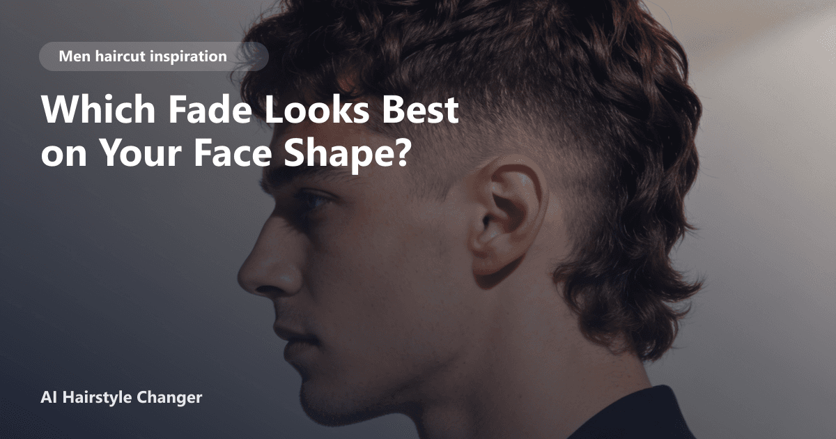 Modern men's haircut with defined shape, clean sides, and natural texture, with "Which Fade Looks Best on Your Face Shape" title overlay.