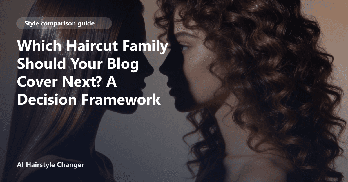 A woman with a split hairstyle showing a long bob with curtain bangs on one side and a blunt bob on the other, with the page title text overlaid.