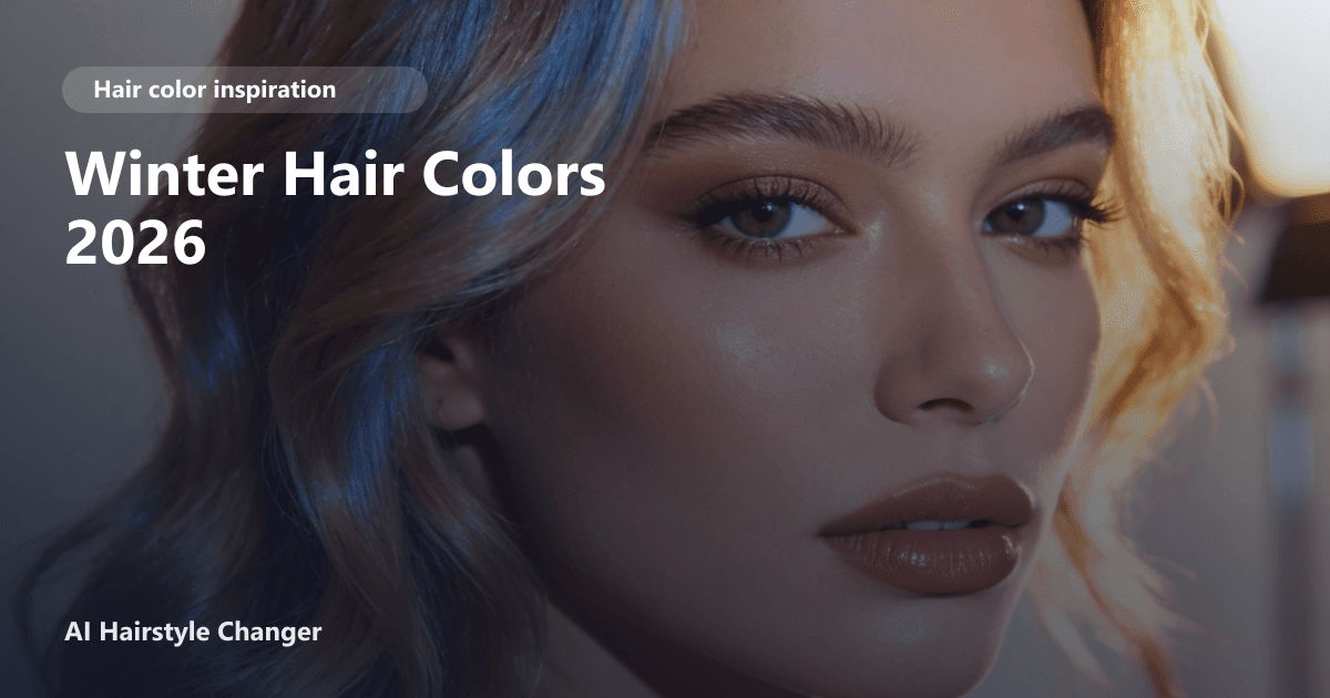 A woman with a modern layered lob in icy blonde hair color, styled with soft waves, overlaid with the page title Winter Hair Colors 2026.