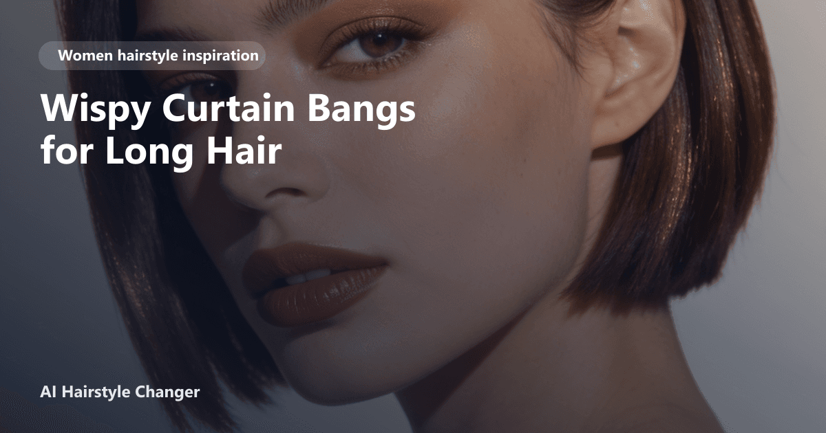 Woman with long, layered hair and wispy curtain bangs softly framing her face, styled with natural movement and shine.