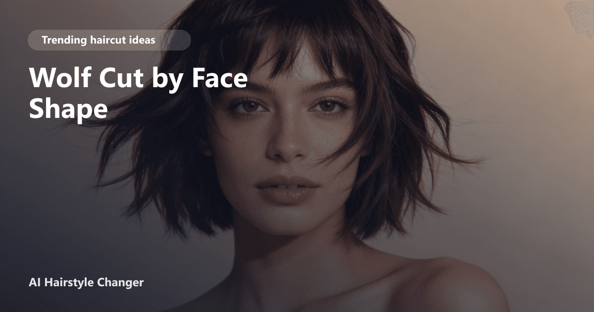 A woman with a layered wolf cut hairstyle, featuring textured bangs and tousled volume, overlaid with the page title 'Wolf Cut by Face Shape'.