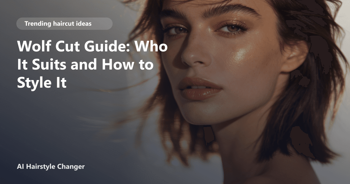 Modern wolf cut with airy crown layers and face-framing texture, with Wolf Cut Guide title overlay.