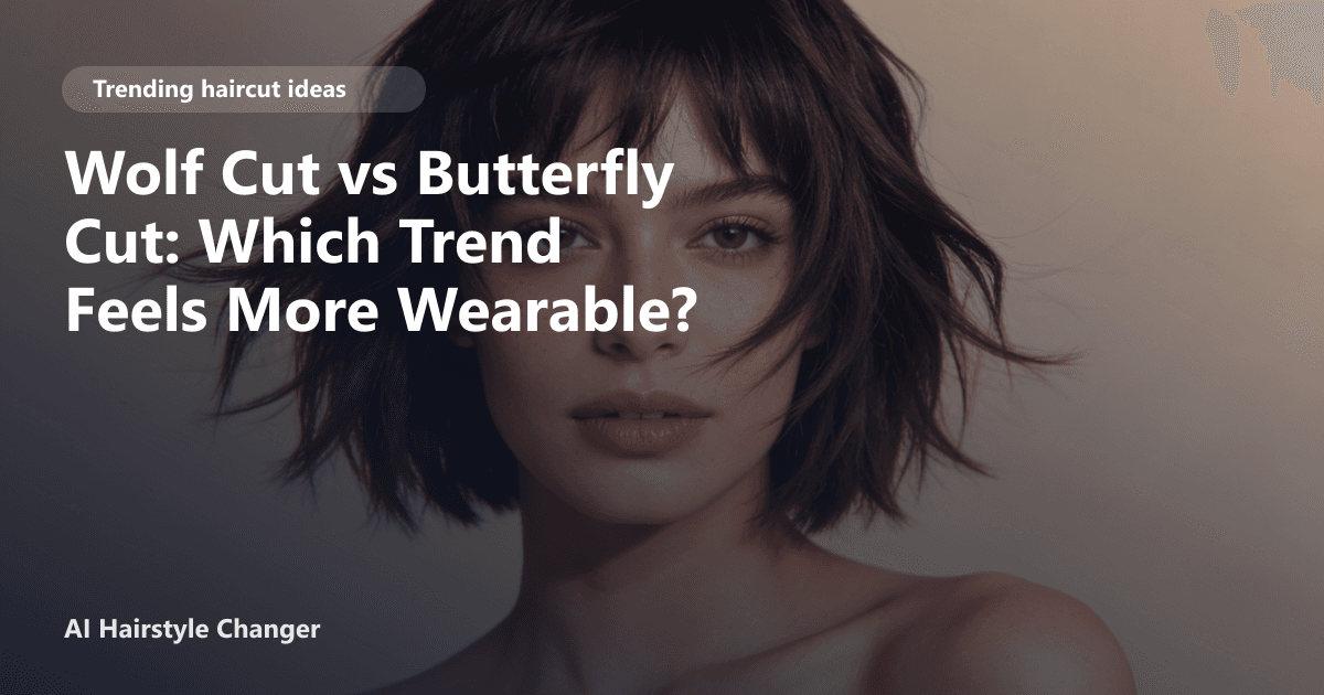 Side-by-side comparison of a woman with a tousled wolf cut and another with a voluminous butterfly cut, both showing layered texture and modern shape.