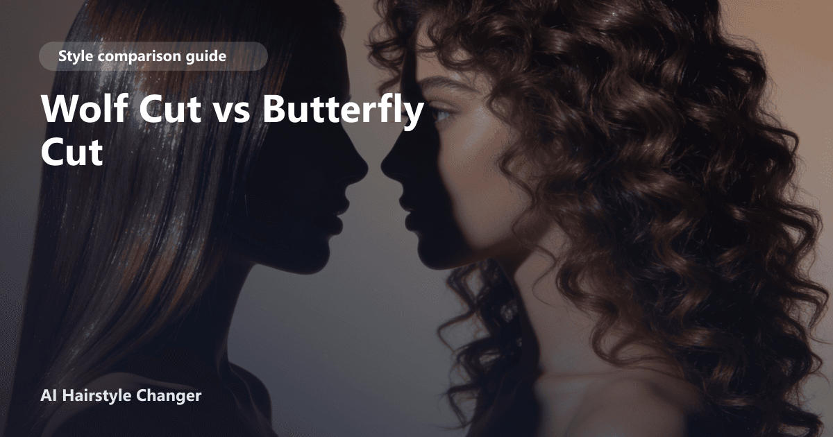 Side-by-side hairstyle comparison showing the shape difference between two haircut directions, with "Wolf Cut vs Butterfly Cut" title.