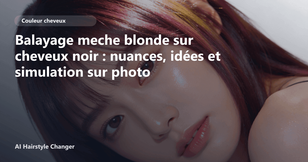 Portrait éditorial lié à balayage meche blonde sur cheveux noir, montrant une idée de coiffure à prévisualiser avant le salon.