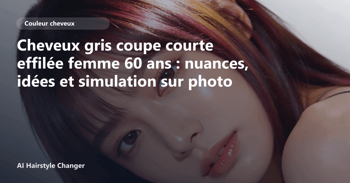 Portrait éditorial lié à cheveux gris coupe courte effilée femme 60 ans, montrant une idée de coiffure à prévisualiser avant le salon.