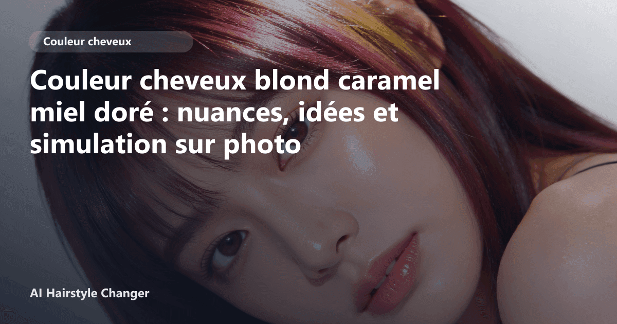 Portrait éditorial lié à couleur cheveux blond caramel miel doré, montrant une idée de coiffure à prévisualiser avant le salon.
