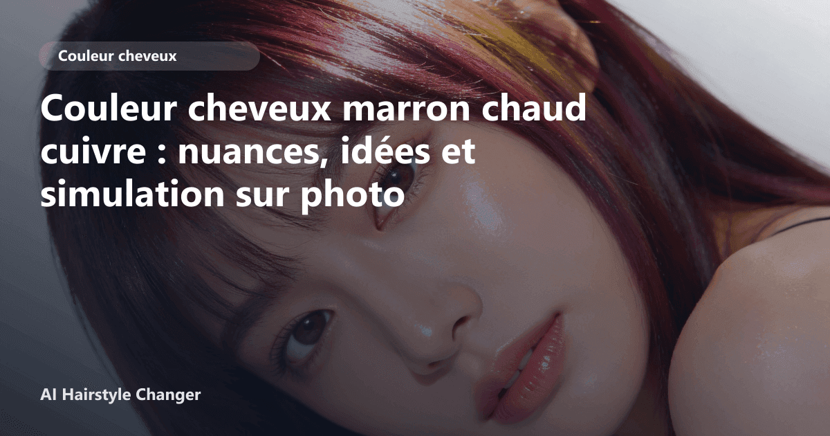 Portrait éditorial lié à couleur cheveux marron chaud cuivre, montrant une idée de coiffure à prévisualiser avant le salon.