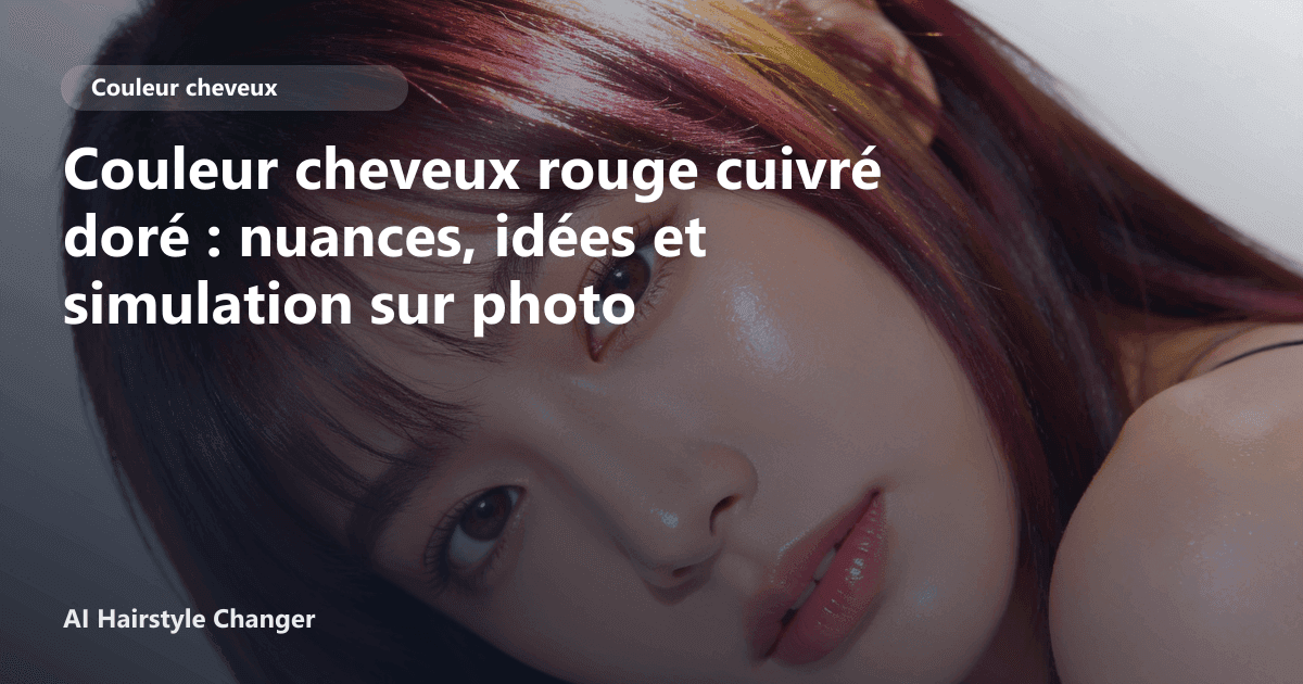 Portrait éditorial lié à couleur cheveux rouge cuivré doré, montrant une idée de coiffure à prévisualiser avant le salon.