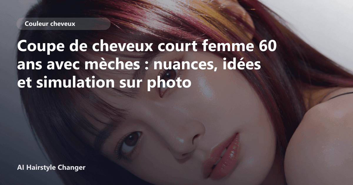 Portrait éditorial lié à coupe de cheveux court femme 60 ans avec mèches, montrant une idée de coiffure à prévisualiser avant le salon.