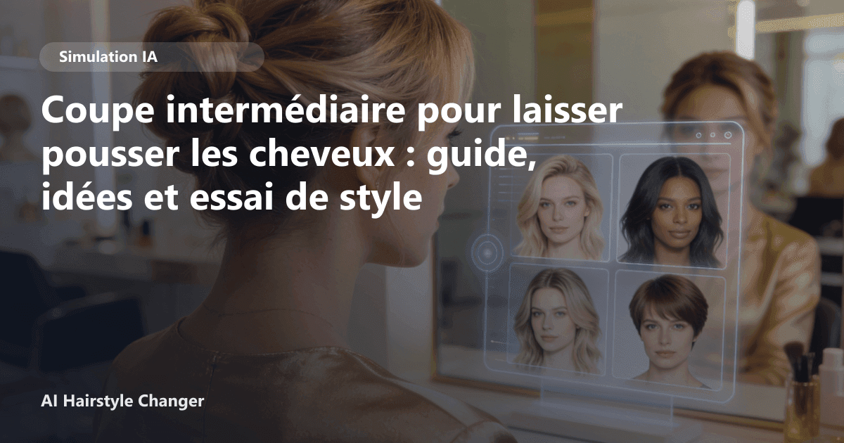 Portrait éditorial lié à coupe intermédiaire pour laisser pousser les cheveux, montrant une idée de coiffure à prévisualiser avant le salon.