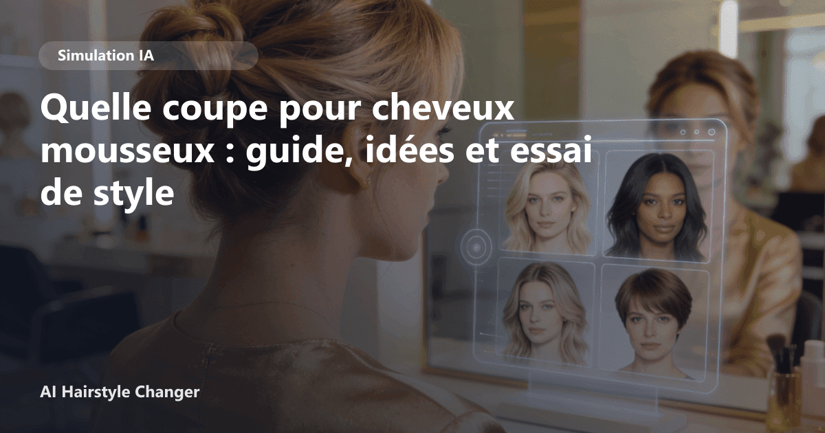Portrait éditorial lié à quelle coupe pour cheveux mousseux, montrant une idée de coiffure à prévisualiser avant le salon.