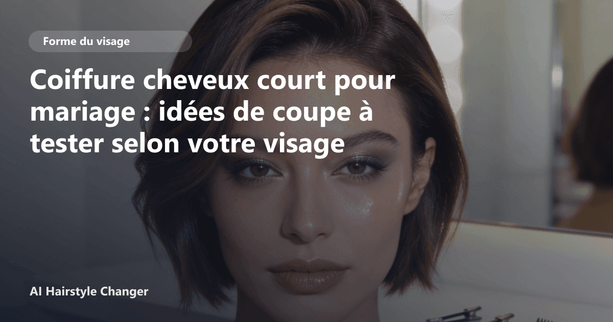 Portrait éditorial lié à coiffure cheveux court pour mariage, montrant une idée de coiffure à prévisualiser avant le salon.