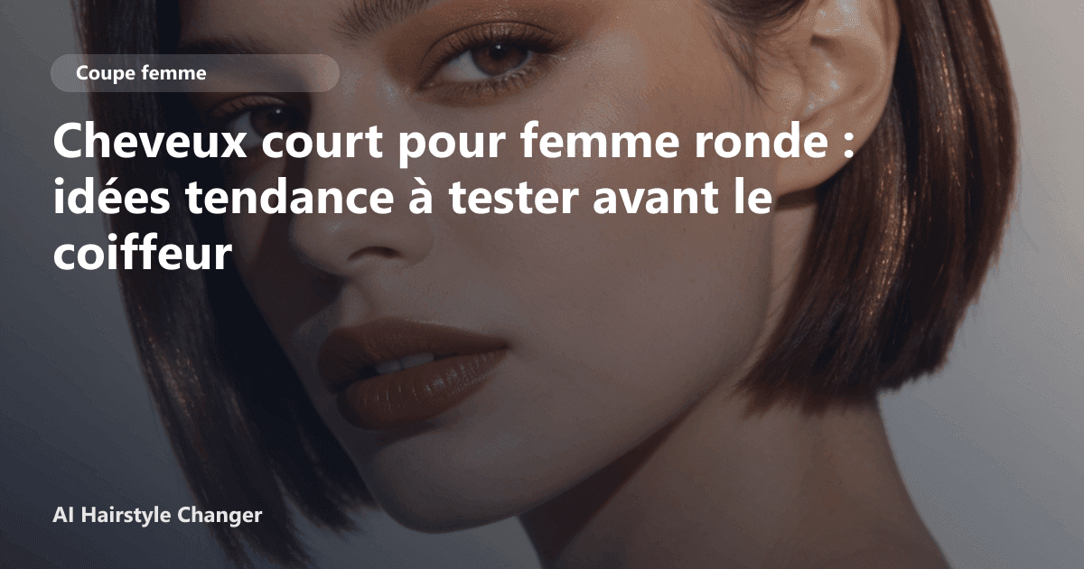 Portrait éditorial lié à cheveux court pour femme ronde, montrant une idée de coiffure à prévisualiser avant le salon.