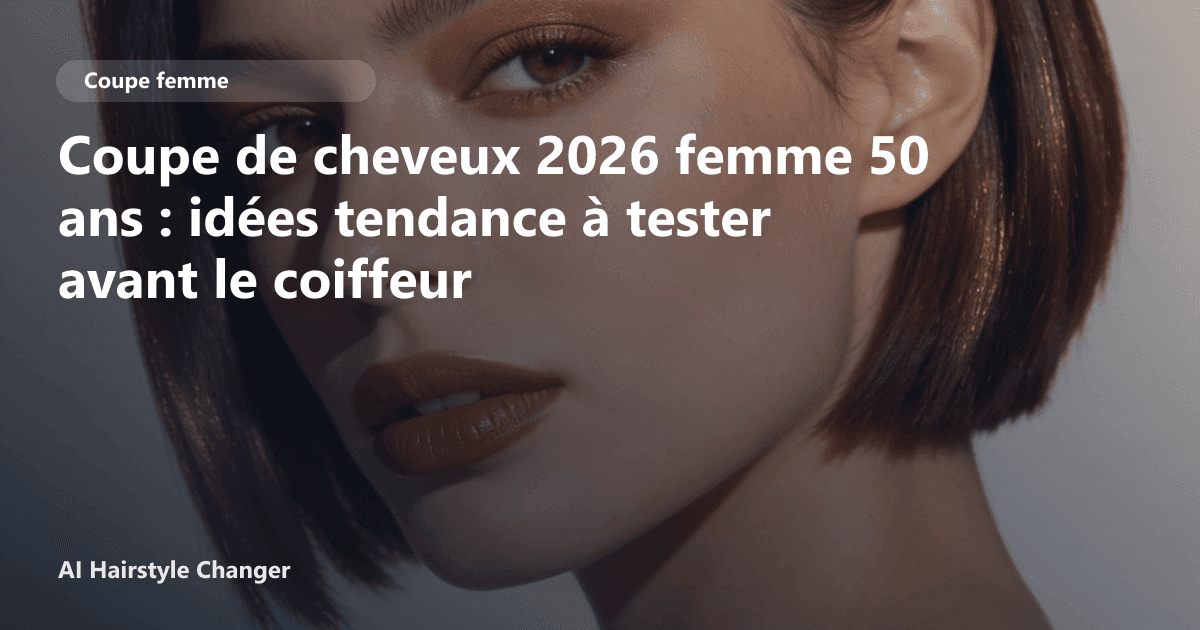 Portrait éditorial lié à coupe de cheveux 2026 femme 50 ans, montrant une idée de coiffure à prévisualiser avant le salon.