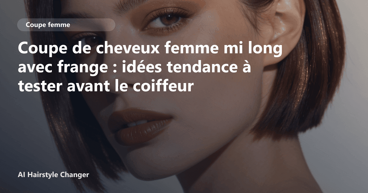 Portrait éditorial lié à coupe de cheveux femme mi long avec frange, montrant une idée de coiffure à prévisualiser avant le salon.