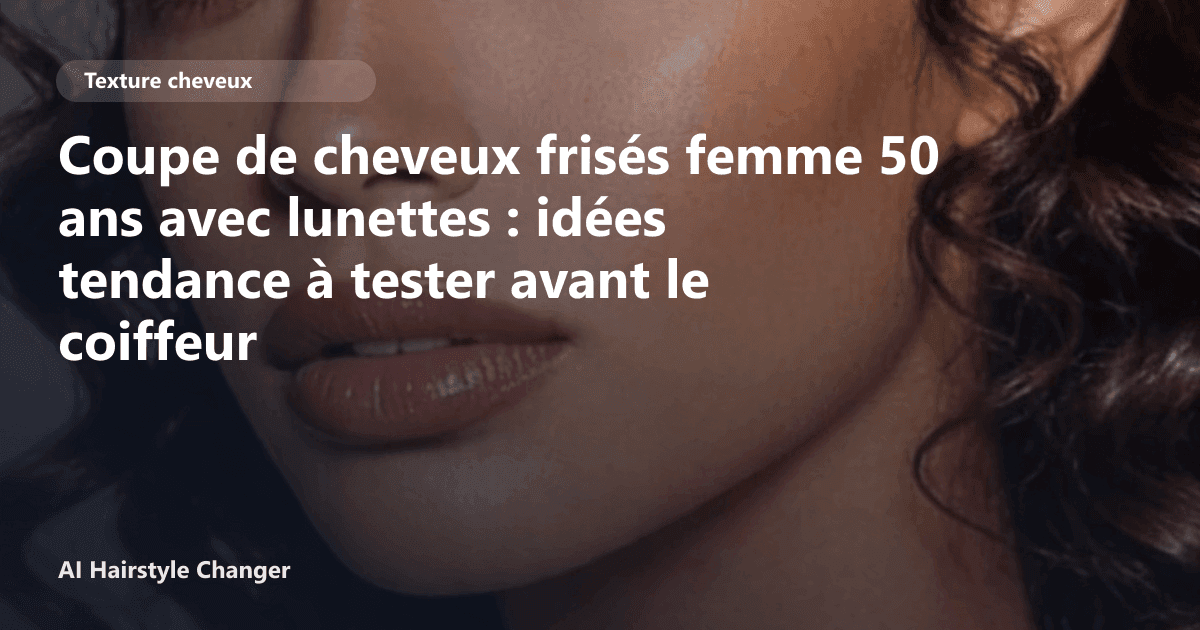 Portrait éditorial lié à coupe de cheveux frisés femme 50 ans avec lunettes, montrant une idée de coiffure à prévisualiser avant le salon.