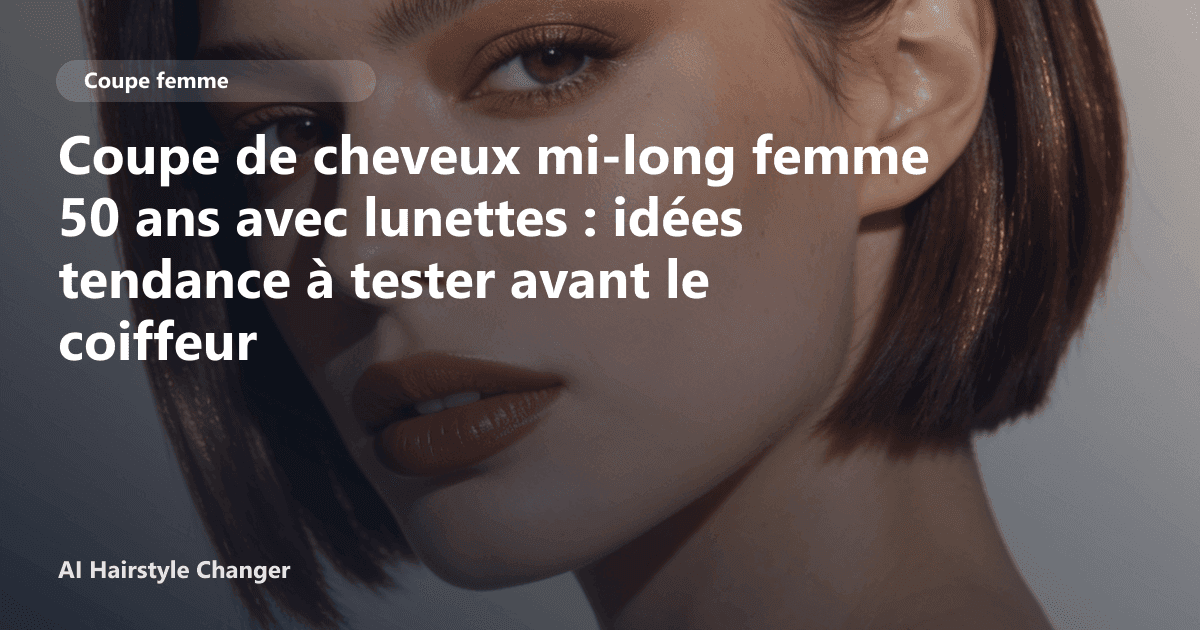 Portrait éditorial lié à coupe de cheveux mi long femme 50 ans avec lunettes, montrant une idée de coiffure à prévisualiser avant le salon.