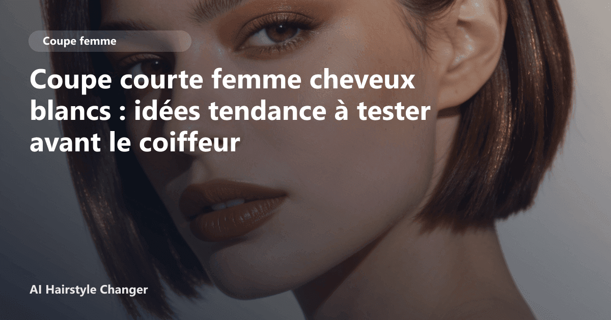 Portrait éditorial lié à coupe courte femme cheveux blancs, montrant une idée de coiffure à prévisualiser avant le salon.