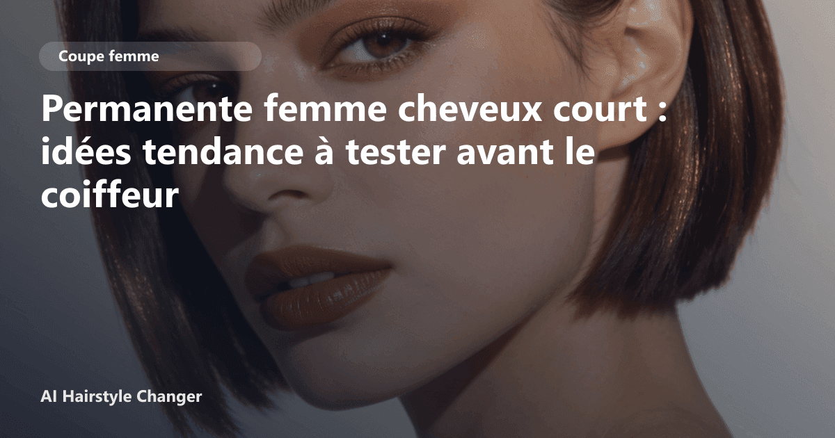 Portrait éditorial lié à permanente femme cheveux court, montrant une idée de coiffure à prévisualiser avant le salon.