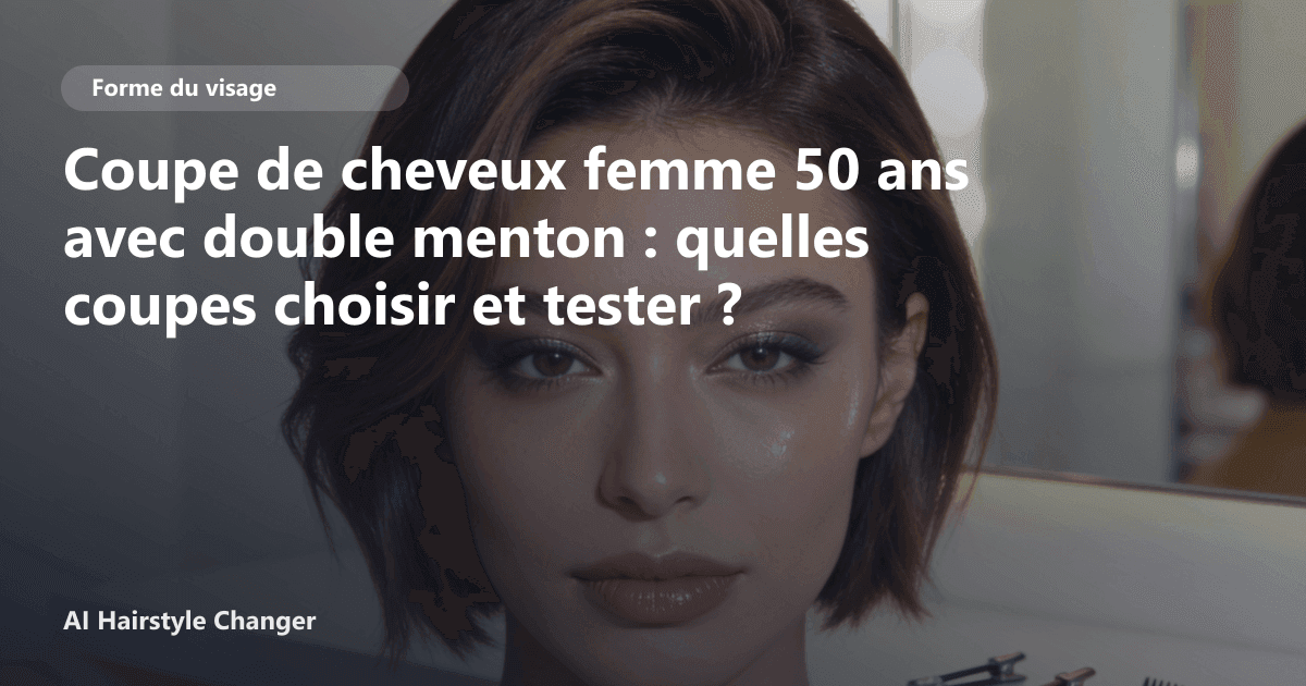 Portrait éditorial lié à coupe de cheveux femme 50 ans avec double menton, montrant une idée de coiffure à prévisualiser avant le salon.