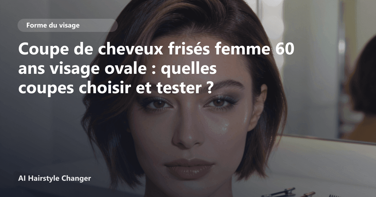 Portrait éditorial lié à coupe de cheveux frisés femme 60 ans visage ovale, montrant une idée de coiffure à prévisualiser avant le salon.