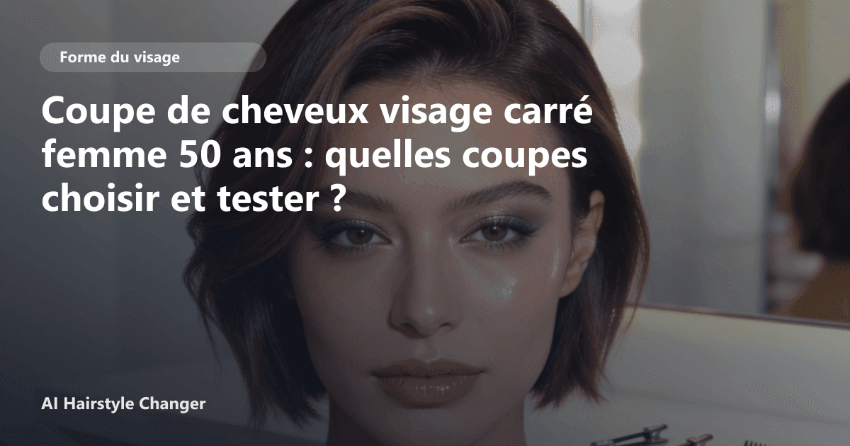 Portrait éditorial lié à coupe de cheveux visage carré femme 50 ans, montrant une idée de coiffure à prévisualiser avant le salon.