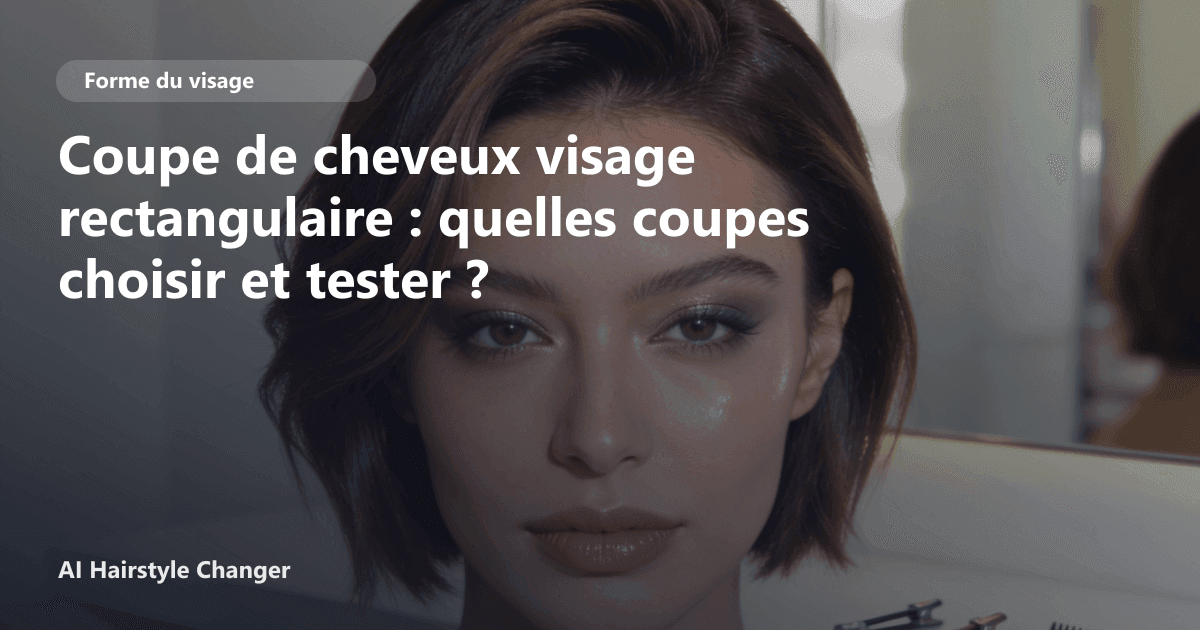 Portrait éditorial lié à coupe de cheveux visage rectangulaire, montrant une idée de coiffure à prévisualiser avant le salon.