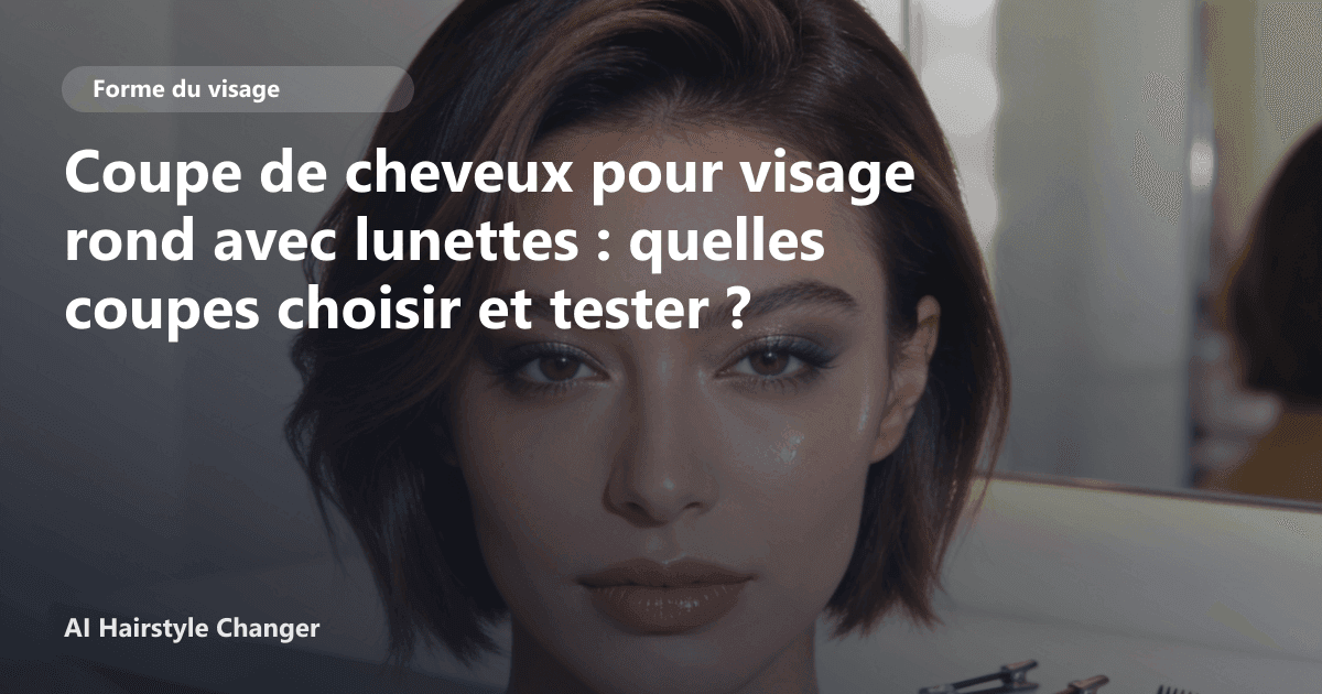 Portrait éditorial lié à coupe de cheveux pour visage rond avec lunettes, montrant une idée de coiffure à prévisualiser avant le salon.