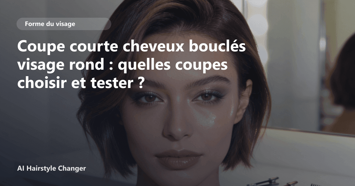 Portrait éditorial lié à coupe courte cheveux bouclés visage rond, montrant une idée de coiffure à prévisualiser avant le salon.