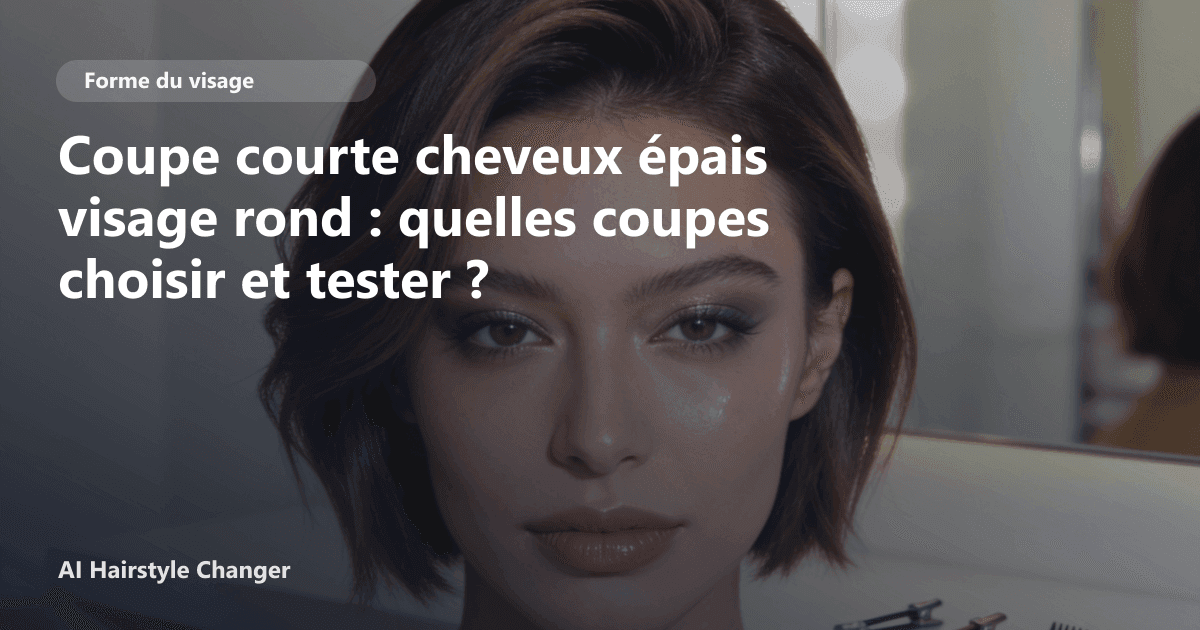 Portrait éditorial lié à coupe courte cheveux épais visage rond, montrant une idée de coiffure à prévisualiser avant le salon.