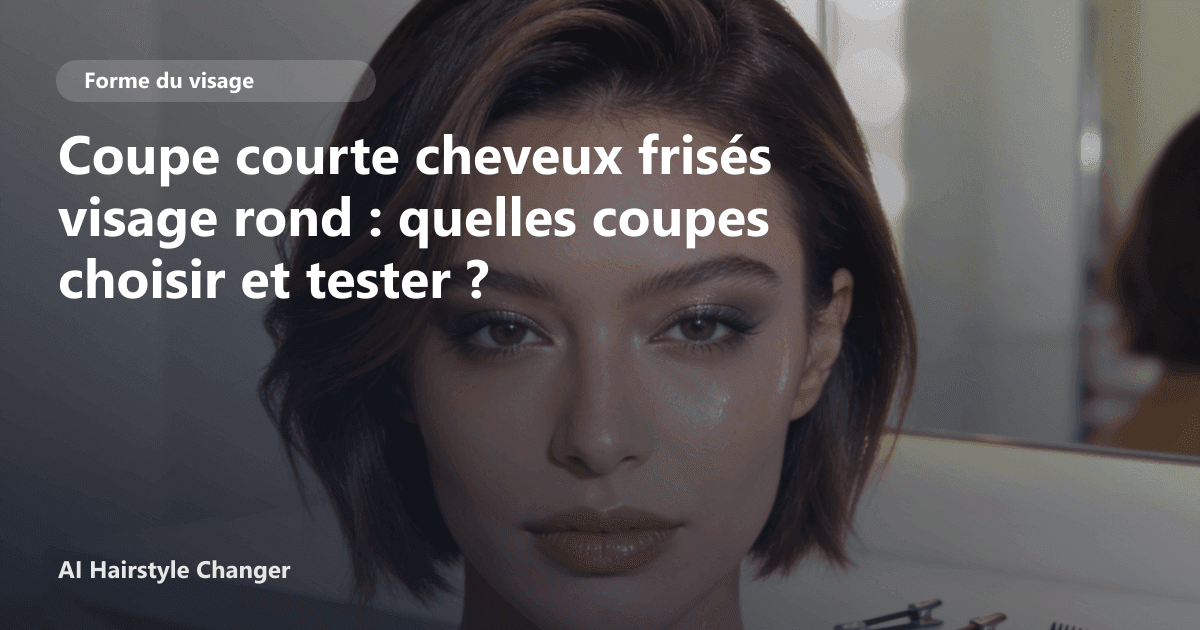Portrait éditorial lié à coupe courte cheveux frisés visage rond, montrant une idée de coiffure à prévisualiser avant le salon.