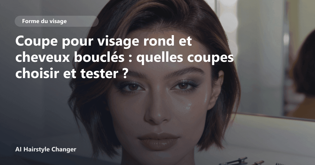 Portrait éditorial lié à coupe pour visage rond et cheveux bouclés, montrant une idée de coiffure à prévisualiser avant le salon.