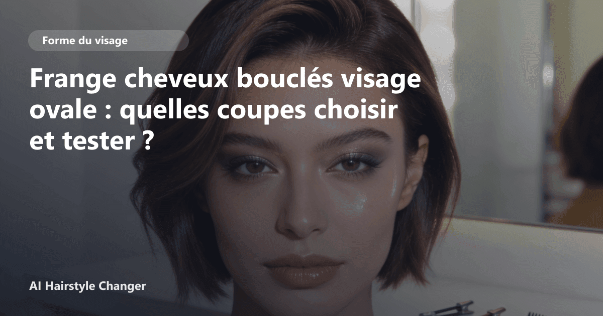 Portrait éditorial lié à frange cheveux bouclés visage ovale, montrant une idée de coiffure à prévisualiser avant le salon.