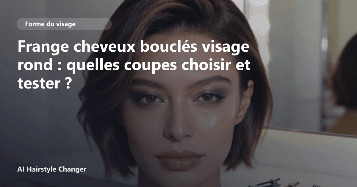Portrait éditorial lié à frange cheveux bouclés visage rond, montrant une idée de coiffure à prévisualiser avant le salon.