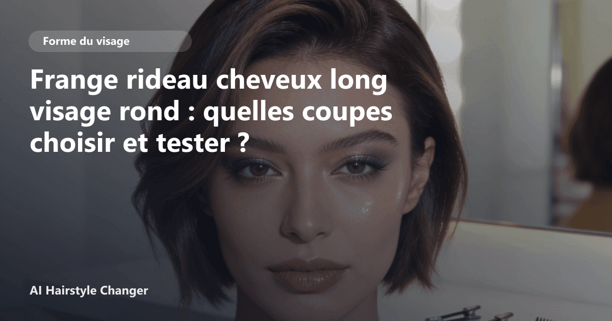 Portrait éditorial lié à frange rideau cheveux long visage rond, montrant une idée de coiffure à prévisualiser avant le salon.
