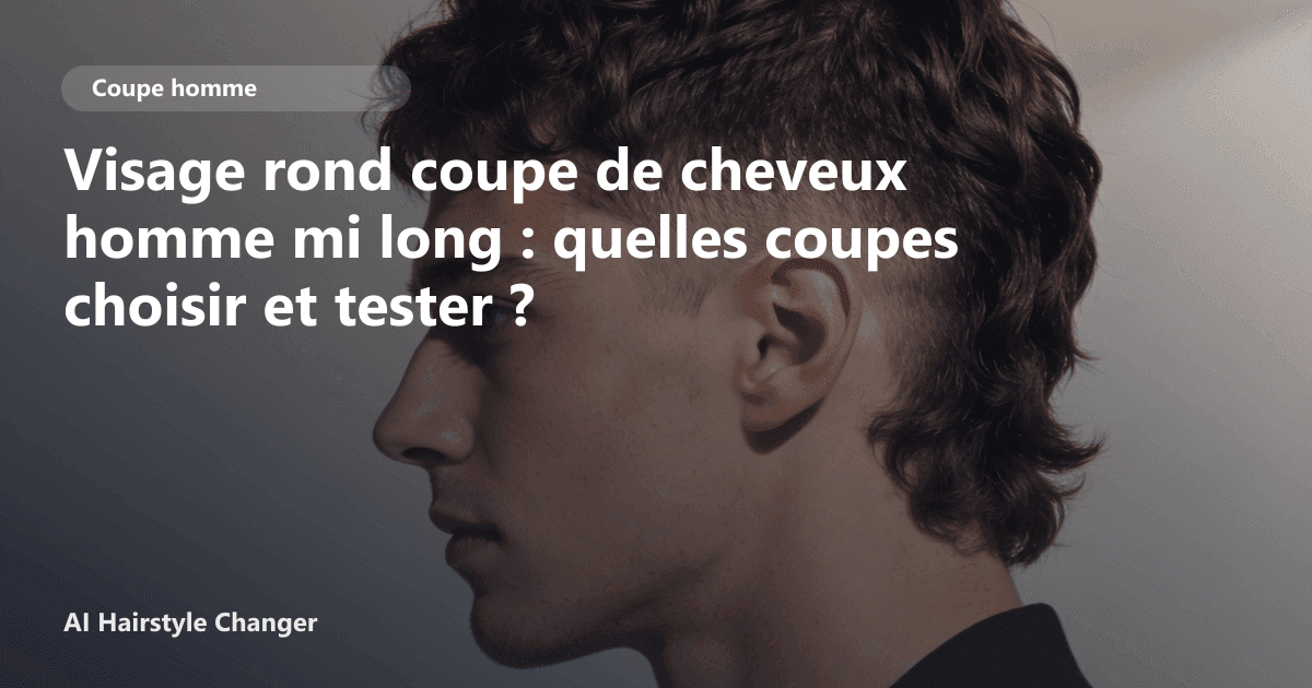 Portrait éditorial lié à visage rond coupe de cheveux homme mi long, montrant une idée de coiffure à prévisualiser avant le salon.