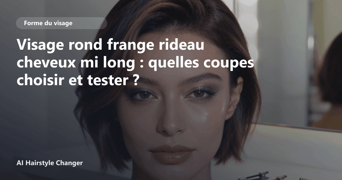Portrait éditorial lié à visage rond frange rideau cheveux mi long, montrant une idée de coiffure à prévisualiser avant le salon.