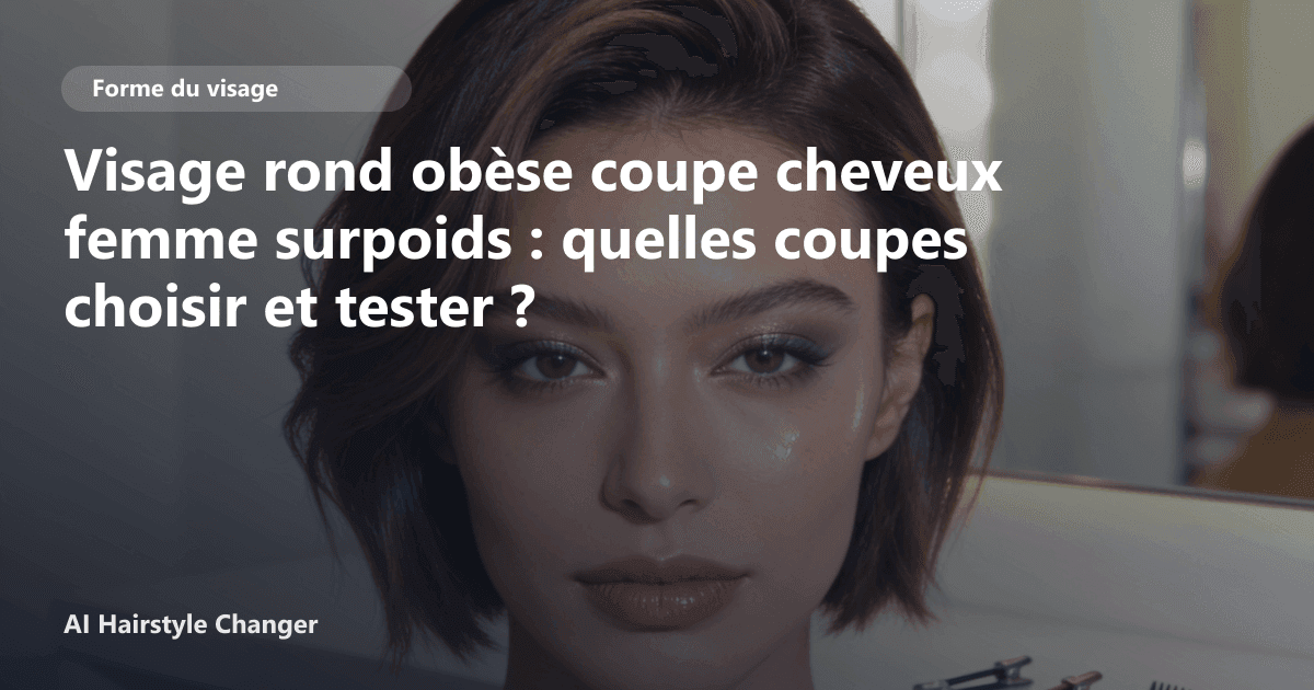 Portrait éditorial lié à visage rond obèse coupe cheveux femme surpoids, montrant une idée de coiffure à prévisualiser avant le salon.
