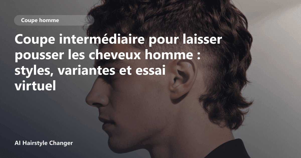 Portrait éditorial lié à coupe intermédiaire pour laisser pousser les cheveux homme, montrant une idée de coiffure à prévisualiser avant le salon.