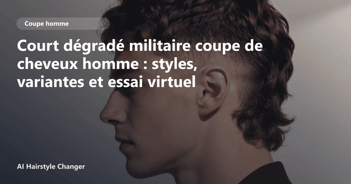 Portrait éditorial lié à court dégradé militaire coupe de cheveux homme, montrant une idée de coiffure à prévisualiser avant le salon.