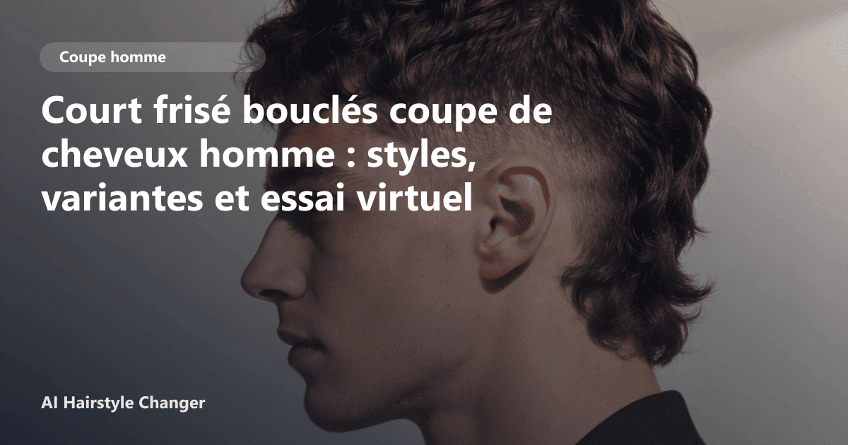 Portrait éditorial lié à court frisé bouclés coupe de cheveux homme, montrant une idée de coiffure à prévisualiser avant le salon.
