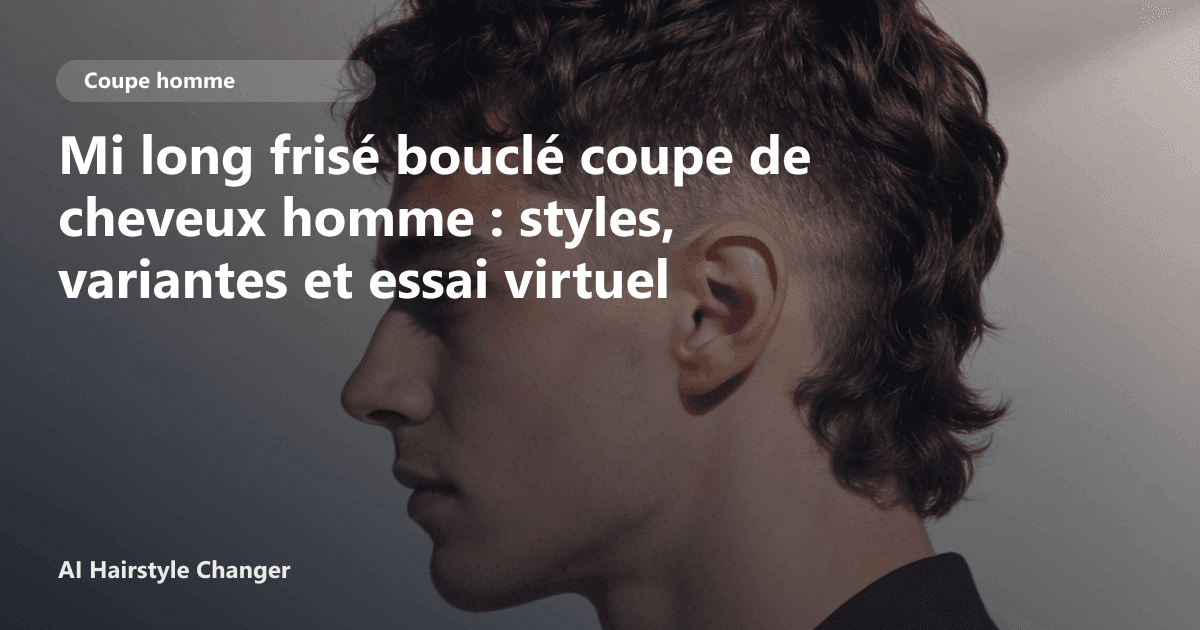 Portrait éditorial lié à mi long frisé bouclé coupe de cheveux homme, montrant une idée de coiffure à prévisualiser avant le salon.