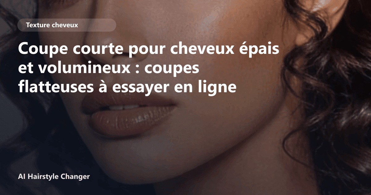 Portrait éditorial lié à coupe courte pour cheveux épais et volumineux, montrant une idée de coiffure à prévisualiser avant le salon.