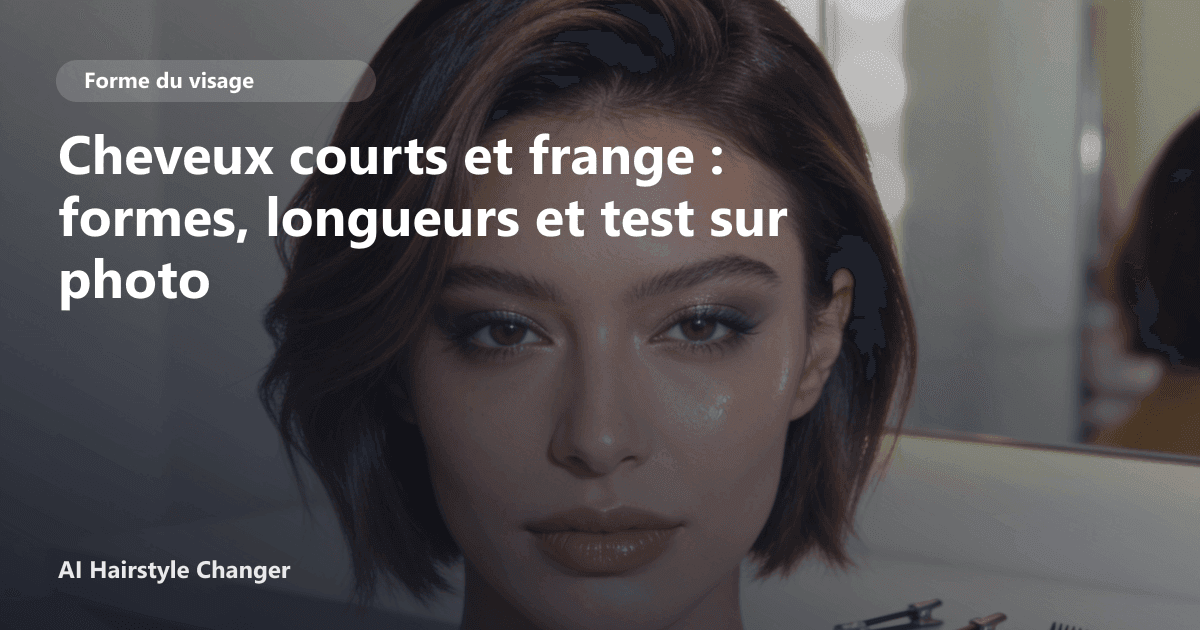 Portrait éditorial lié à cheveux courts et frange, montrant une idée de coiffure à prévisualiser avant le salon.