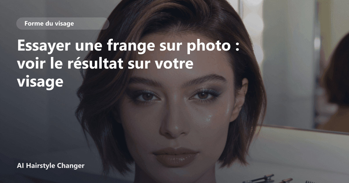Interface de l'application AI Hairstyle Changer montrant un essai de frange rideau sur un portrait de femme avec un comparatif avant après.